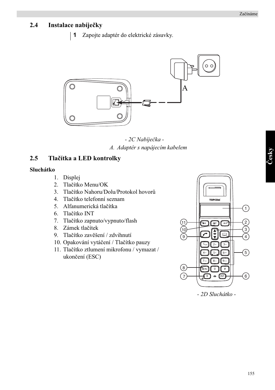 Ýes k y, 4 instalace nabíjeþky, 5 tlaþítka a led kontrolky | 2c nabíjeþka - a. adaptér s napájecím kabelem, 2d sluchátko | Topcom Butler E400 User Manual | Page 177 / 272