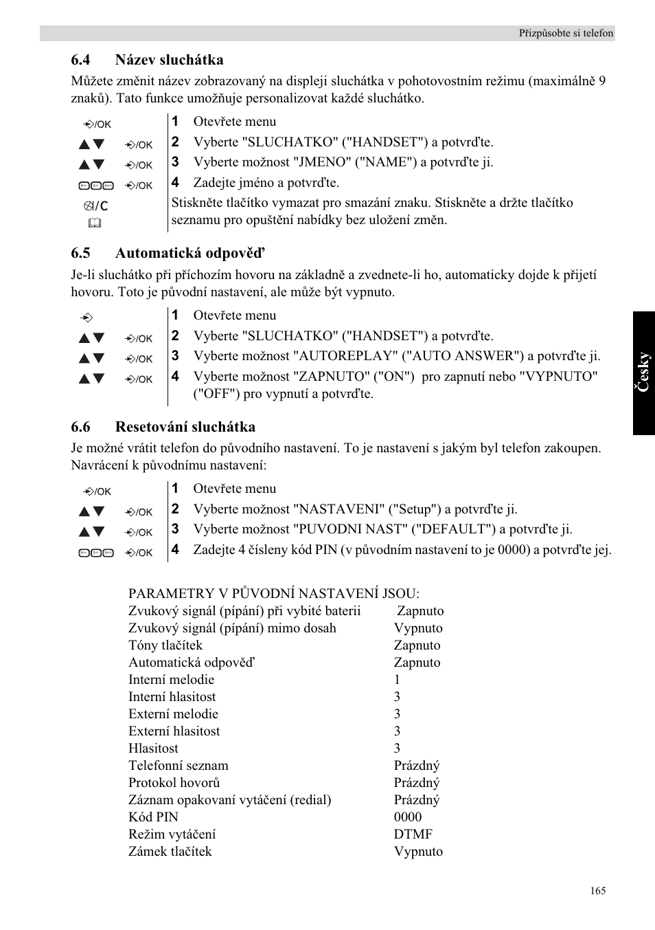 Ýes k y, 4 název sluchátka, 5 automatická odpovčć | 6 resetování sluchátka | Topcom Butler E400 User Manual | Page 187 / 272