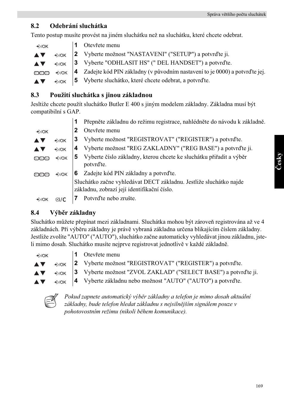 Ýes k y, 2 odebrání sluchátka, 3 použití sluchátka s jinou základnou | 4 výbčr základny | Topcom Butler E400 User Manual | Page 191 / 272