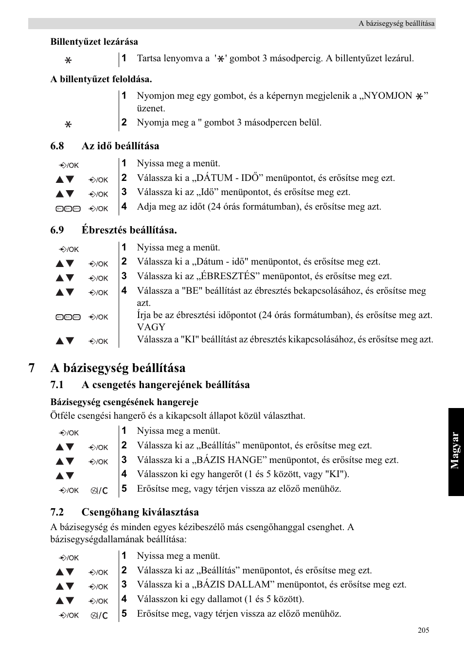 7a bázisegység beállítása, Mag yar, 8 az idę beállítása 6.9 ébresztés beállítása | 1 a csengetés hangerejének beállítása, 2 csengęhang kiválasztása | Topcom Butler E400 User Manual | Page 227 / 272