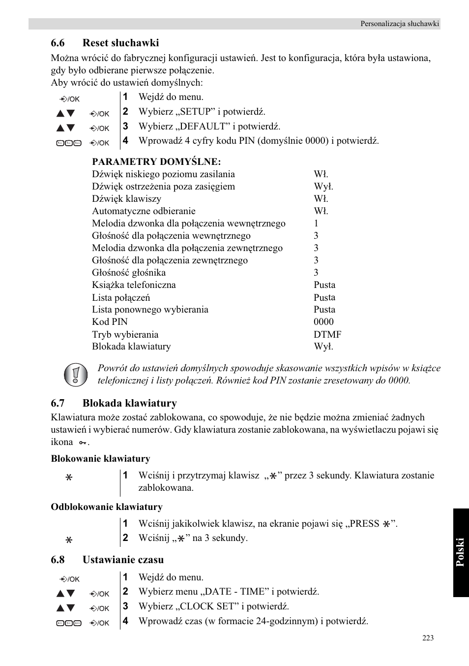 Polski, 6 reset sáuchawki, 7 blokada klawiatury | 8 ustawianie czasu | Topcom Butler E400 User Manual | Page 245 / 272