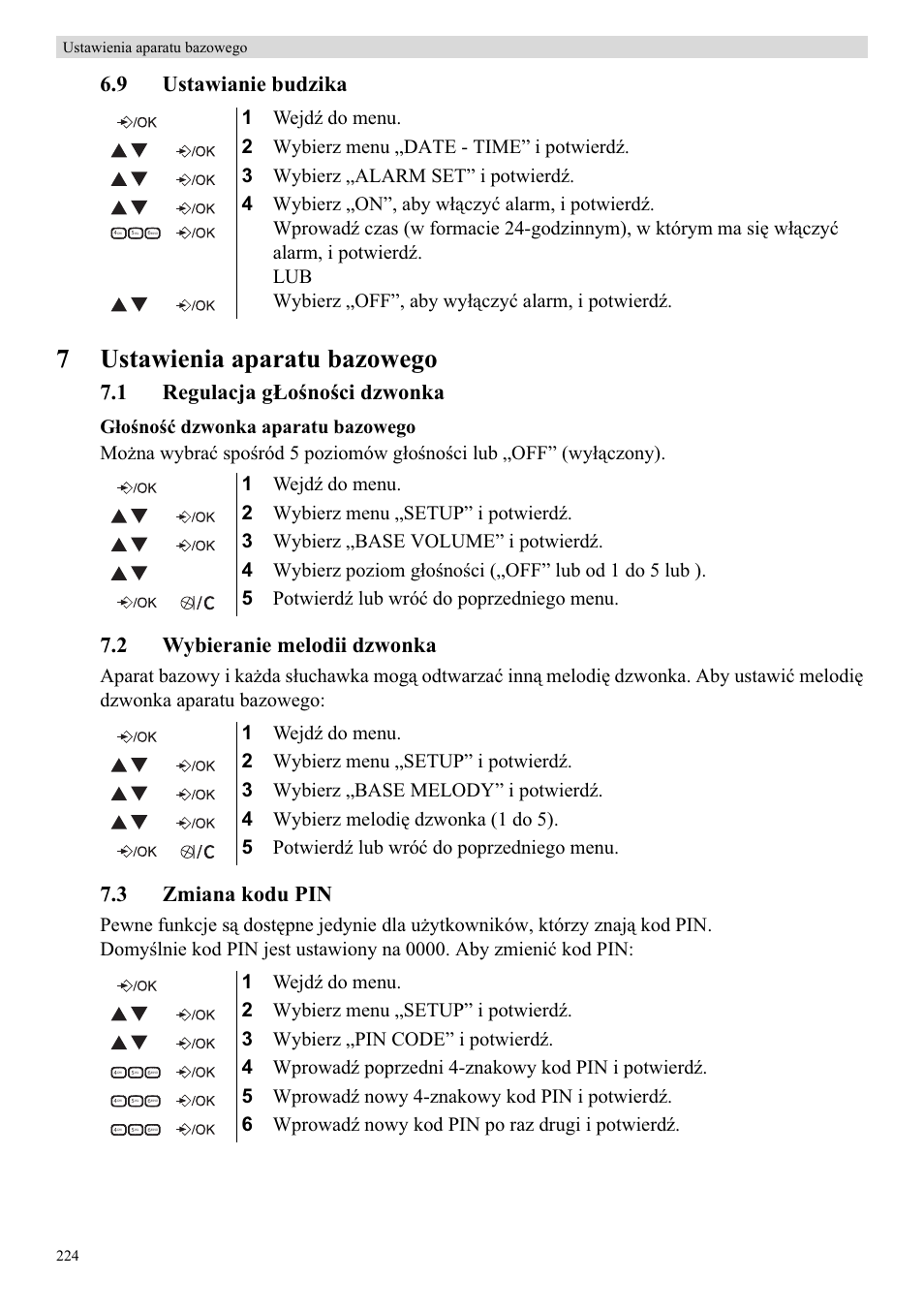 7ustawienia aparatu bazowego, 9 ustawianie budzika, 1 regulacja gàoğnoğci dzwonka | 2 wybieranie melodii dzwonka, 3 zmiana kodu pin | Topcom Butler E400 User Manual | Page 246 / 272