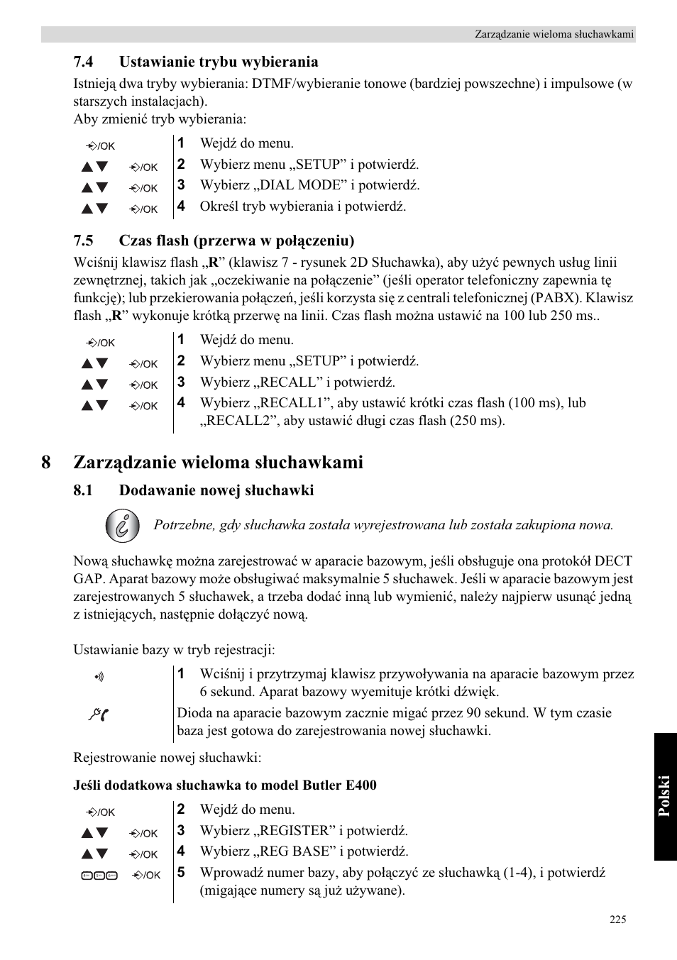 8zarządzanie wieloma sáuchawkami, Polski, 4 ustawianie trybu wybierania | 5 czas flash (przerwa w poáączeniu), 1 dodawanie nowej sáuchawki | Topcom Butler E400 User Manual | Page 247 / 272