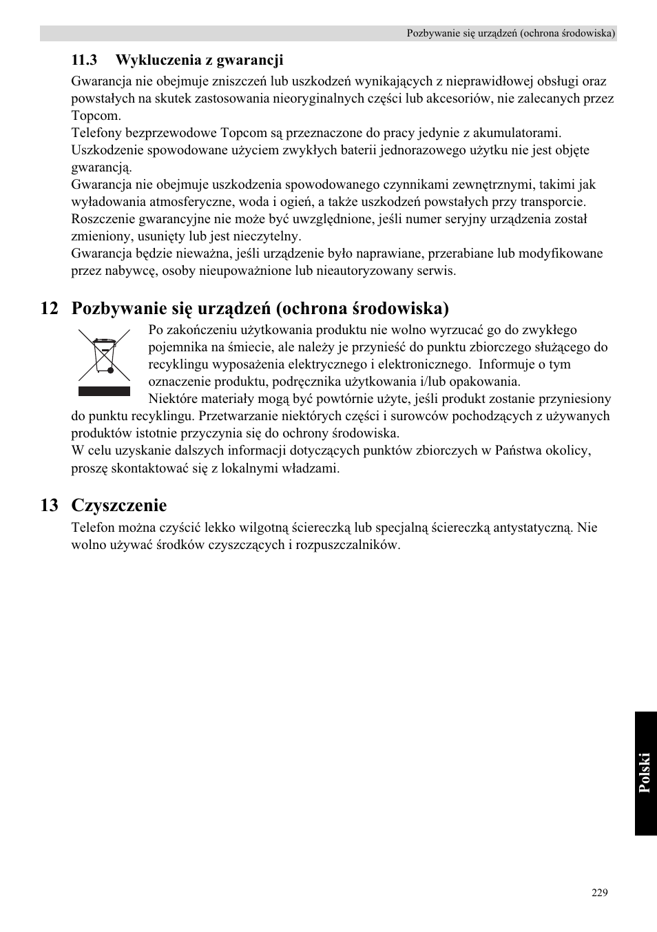 12 pozbywanie siċ urządzeĕ (ochrona ğrodowiska), 13 czyszczenie | Topcom Butler E400 User Manual | Page 251 / 272