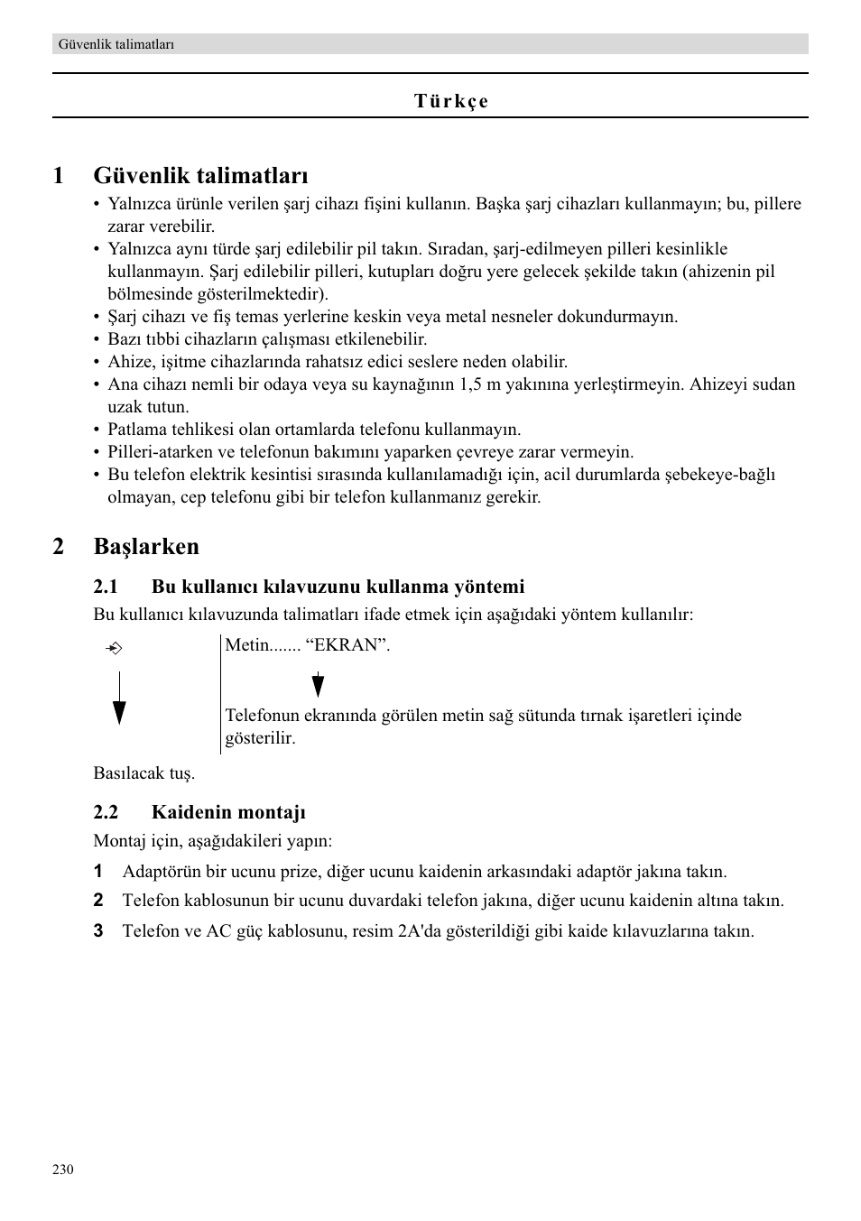 1güvenlik talimatlarõ, 2baúlarken | Topcom Butler E400 User Manual | Page 252 / 272