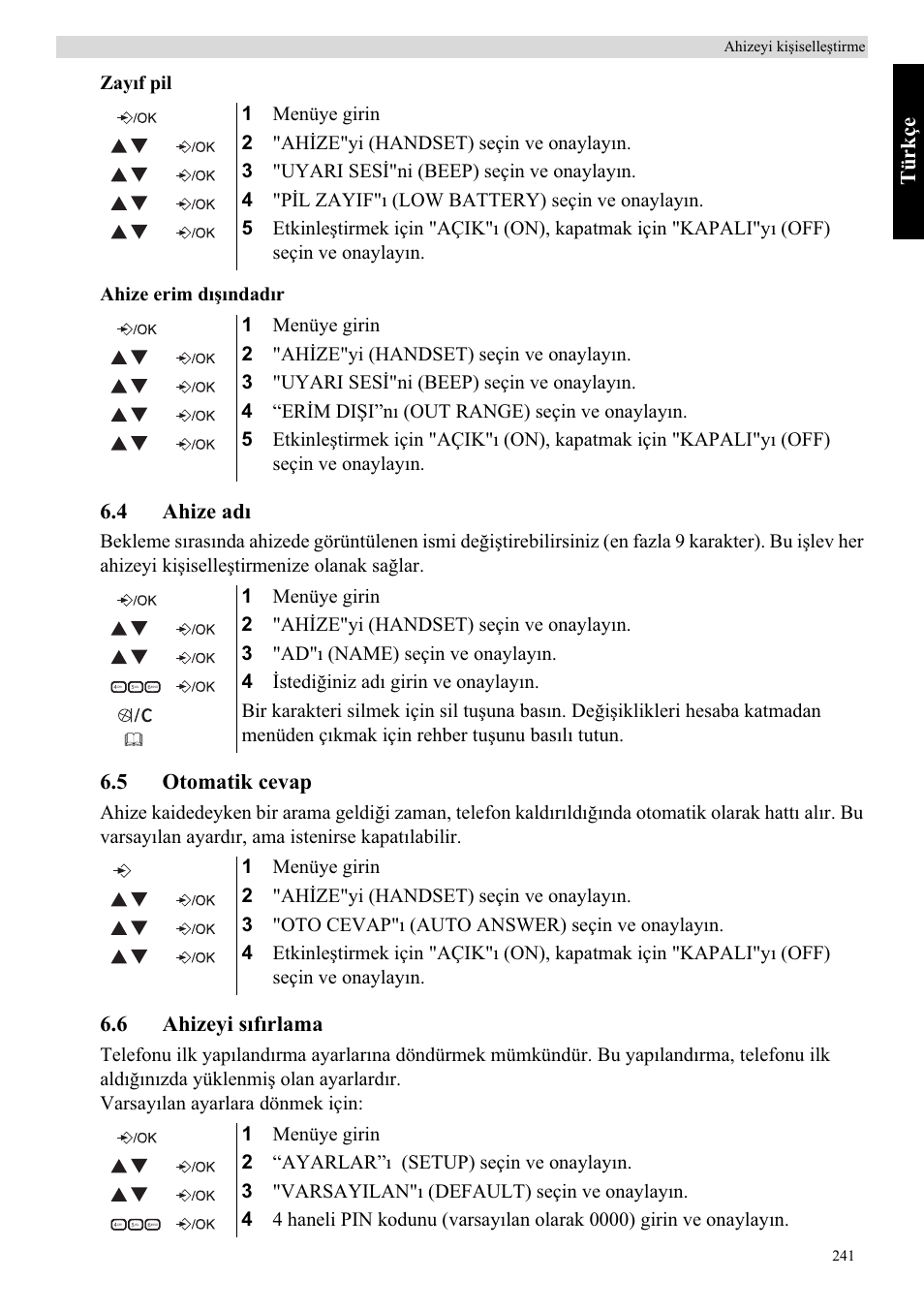 Türkçe, 4 ahize adõ, 5 otomatik cevap | 6 ahizeyi sõfõrlama | Topcom Butler E400 User Manual | Page 263 / 272