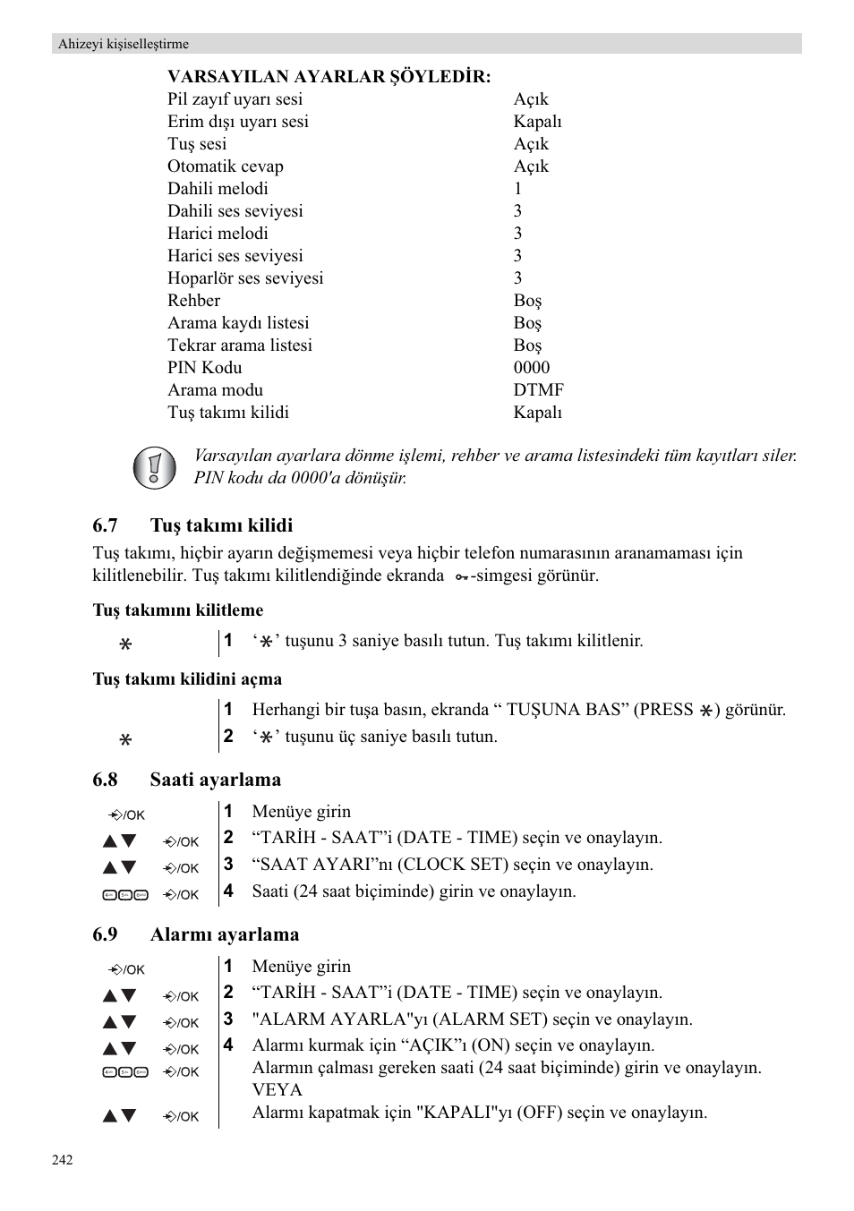 7 tuú takõmõ kilidi, 8 saati ayarlama 6.9 alarmõ ayarlama | Topcom Butler E400 User Manual | Page 264 / 272