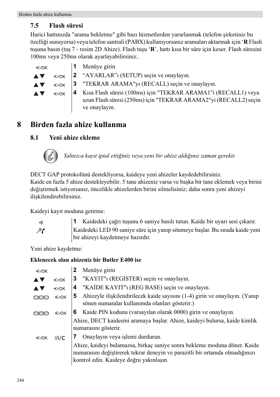 8birden fazla ahize kullanma, 5 flash süresi, 1 yeni ahize ekleme | Topcom Butler E400 User Manual | Page 266 / 272
