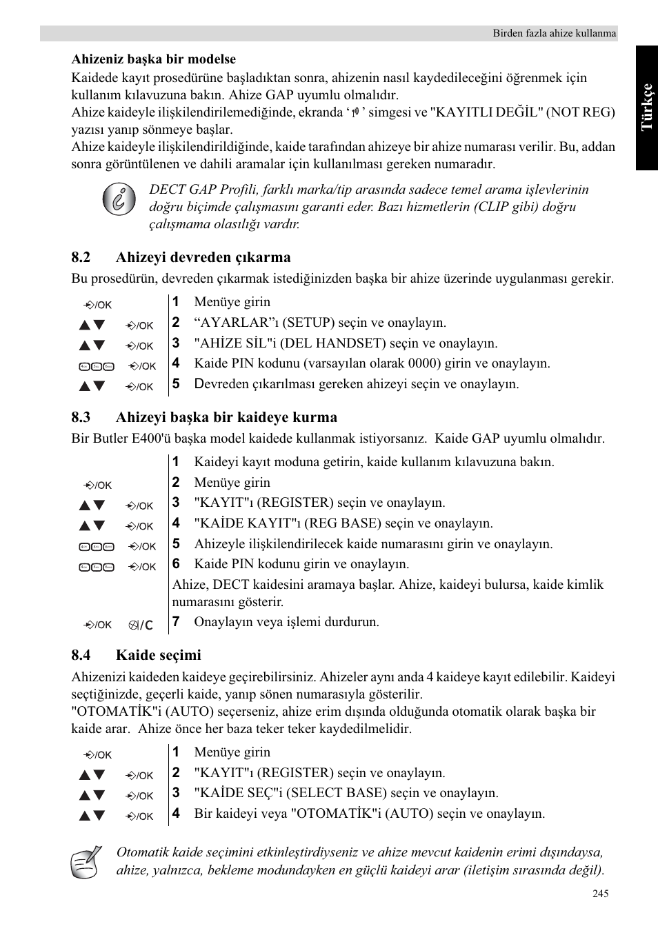 Türkçe, 2 ahizeyi devreden çõkarma, 3 ahizeyi baúka bir kaideye kurma | 4 kaide seçimi | Topcom Butler E400 User Manual | Page 267 / 272