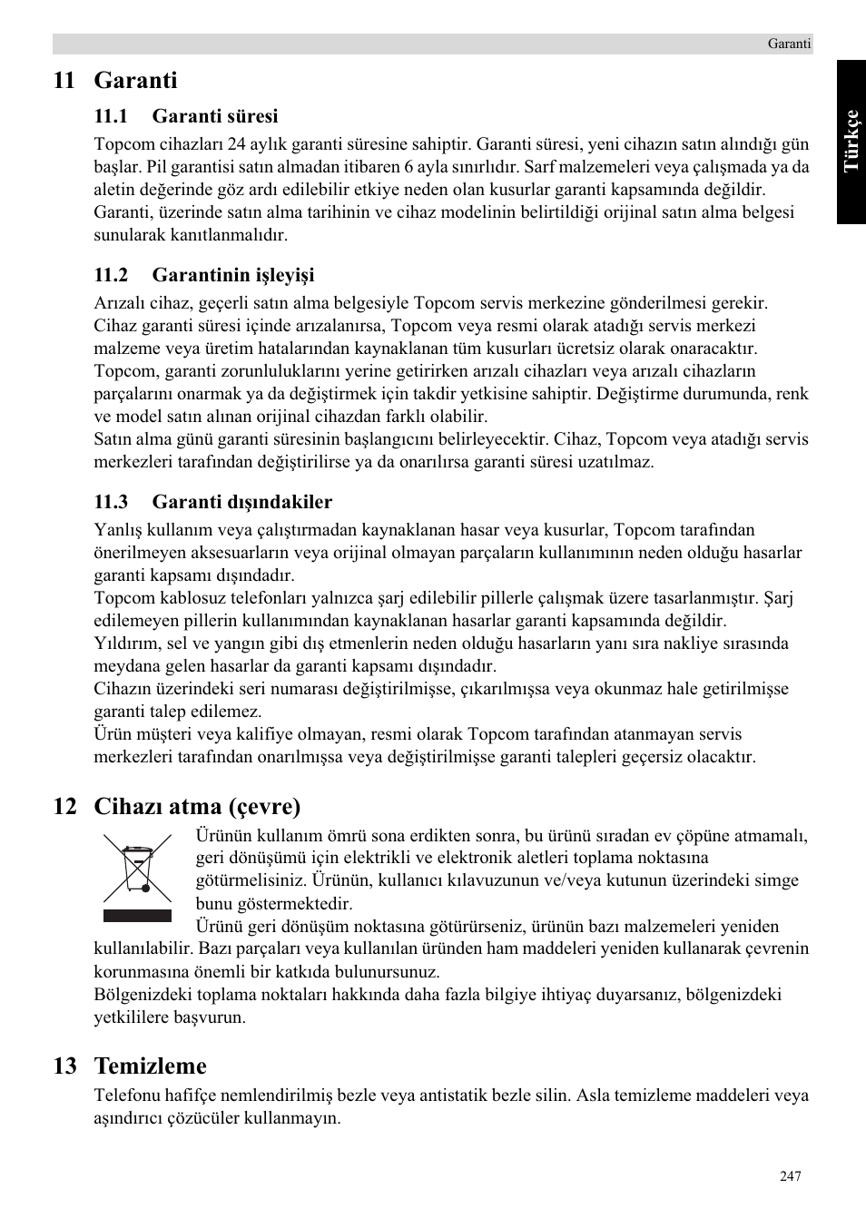 11 garanti, 12 cihazõ atma (çevre), 13 temizleme | Topcom Butler E400 User Manual | Page 269 / 272