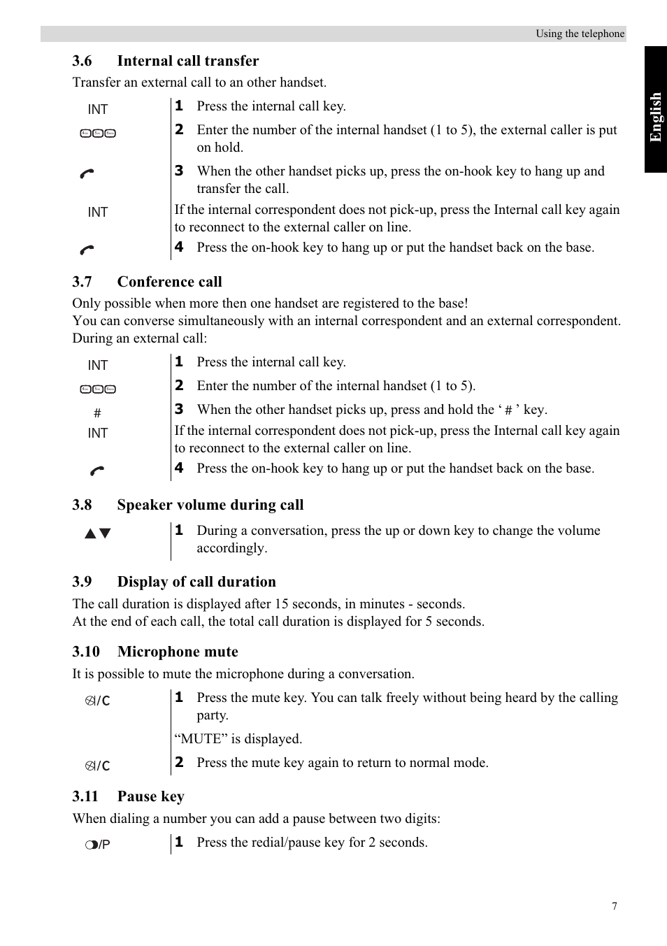 English, 6 internal call transfer, 7 conference call | 10 microphone mute, 11 pause key | Topcom Butler E400 User Manual | Page 29 / 272