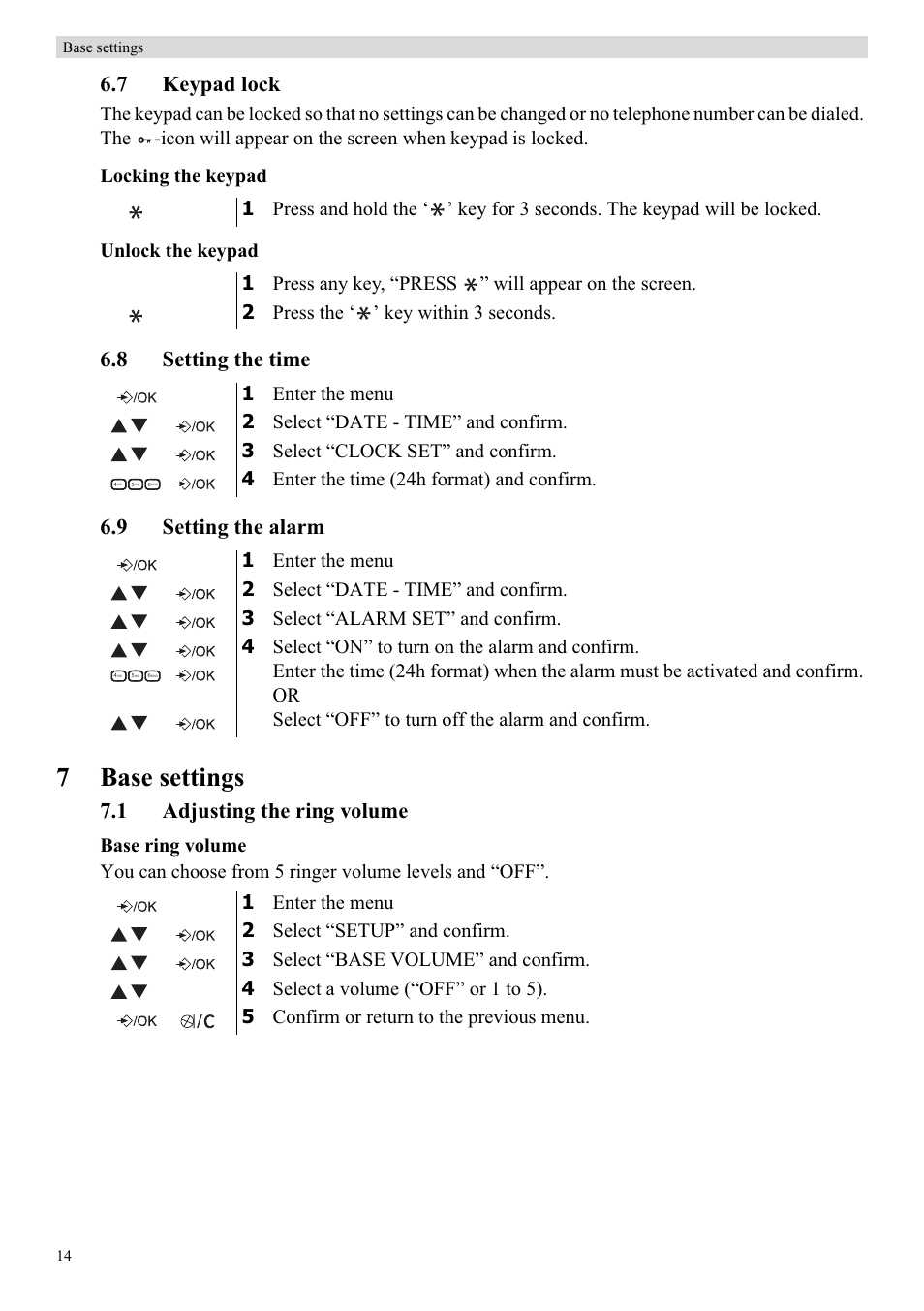 7base settings, 7 keypad lock, 8 setting the time 6.9 setting the alarm | 1 adjusting the ring volume | Topcom Butler E400 User Manual | Page 36 / 272
