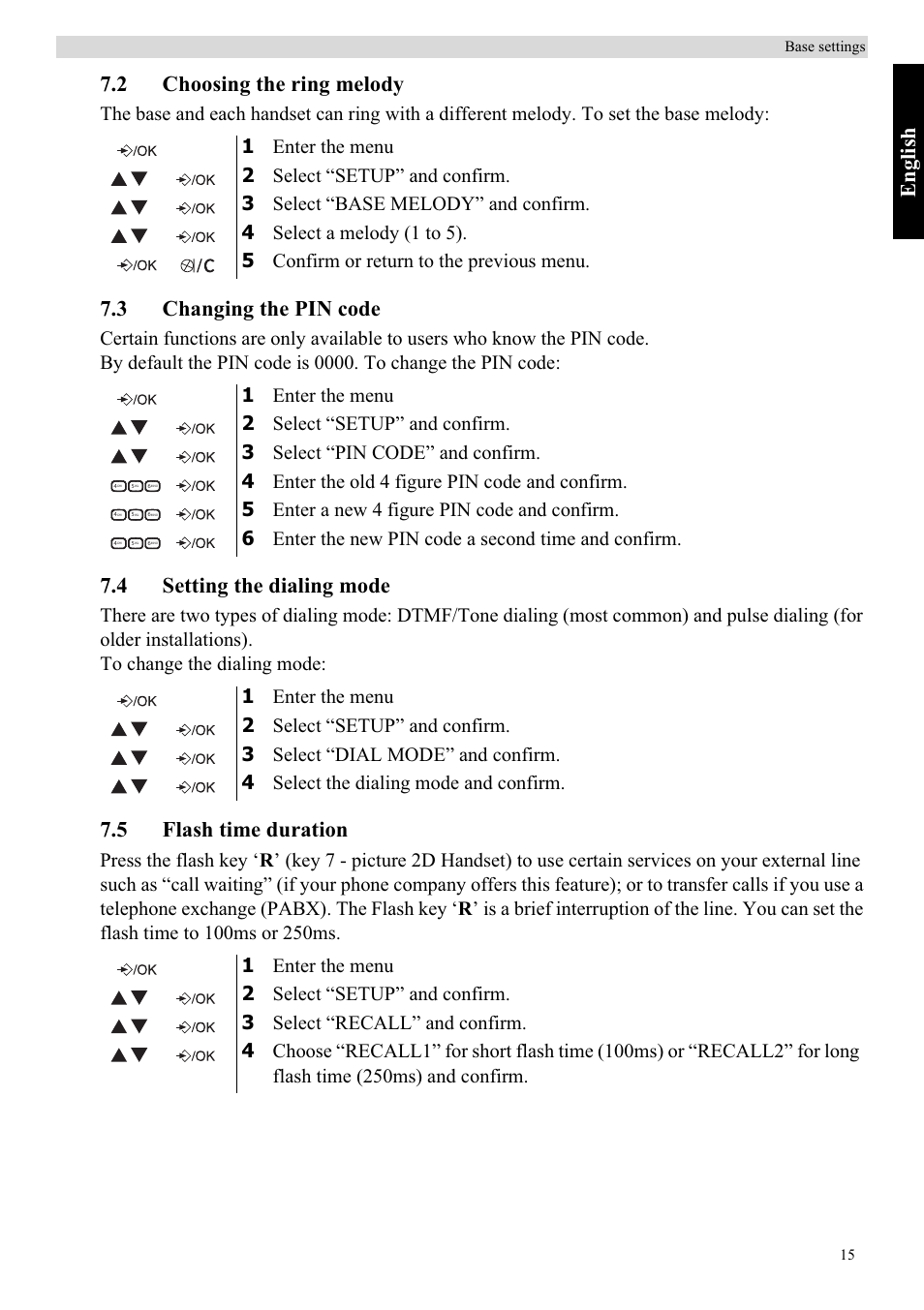 English, 2 choosing the ring melody, 3 changing the pin code | 4 setting the dialing mode, 5 flash time duration | Topcom Butler E400 User Manual | Page 37 / 272