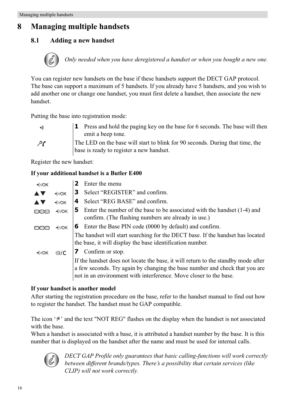 8managing multiple handsets, 1 adding a new handset | Topcom Butler E400 User Manual | Page 38 / 272