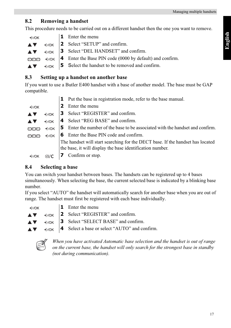 English, 2 removing a handset, 3 setting up a handset on another base | 4 selecting a base | Topcom Butler E400 User Manual | Page 39 / 272