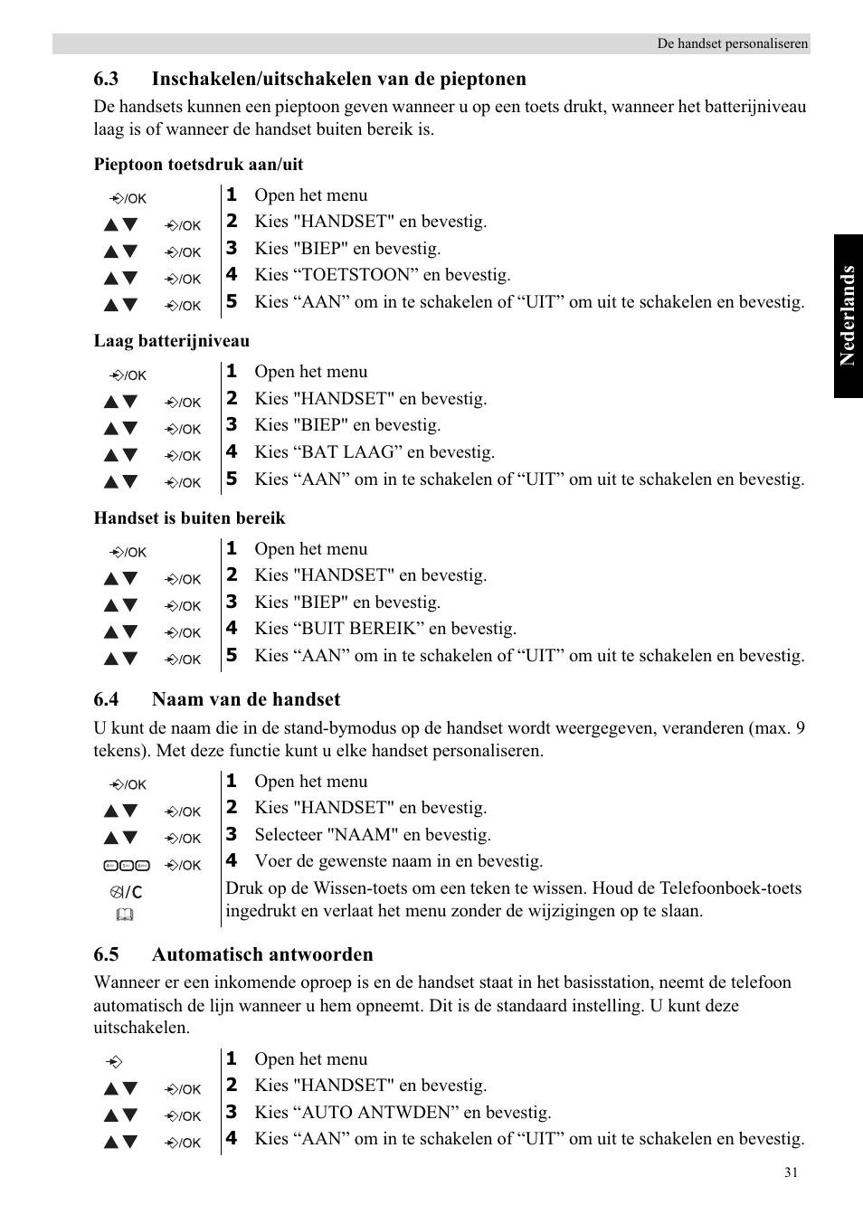 Nederlands, 3 inschakelen/uitschakelen van de pieptonen, 4 naam van de handset | 5 automatisch antwoorden | Topcom Butler E400 User Manual | Page 53 / 272