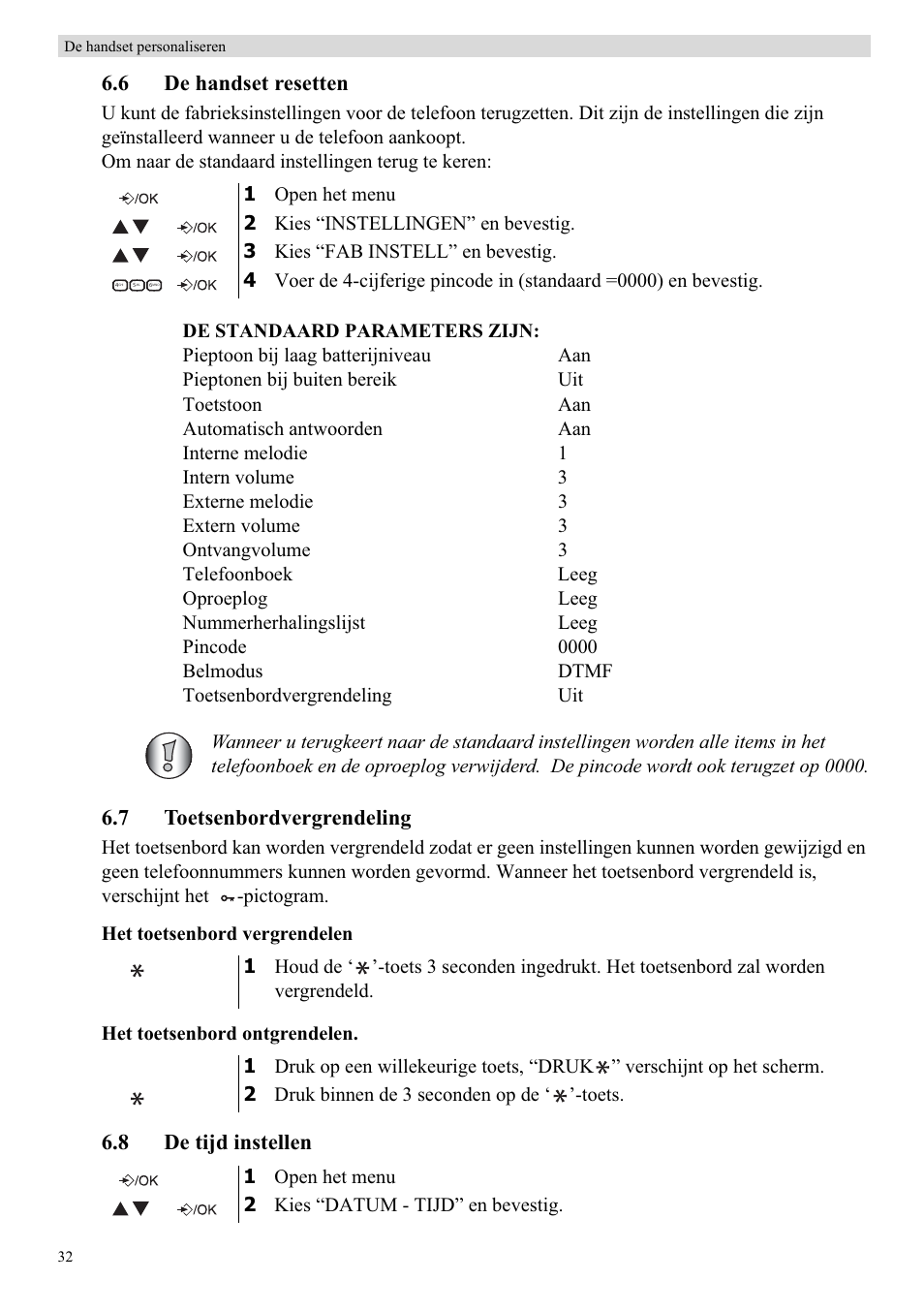 6 de handset resetten, 7 toetsenbordvergrendeling, 8 de tijd instellen | Topcom Butler E400 User Manual | Page 54 / 272