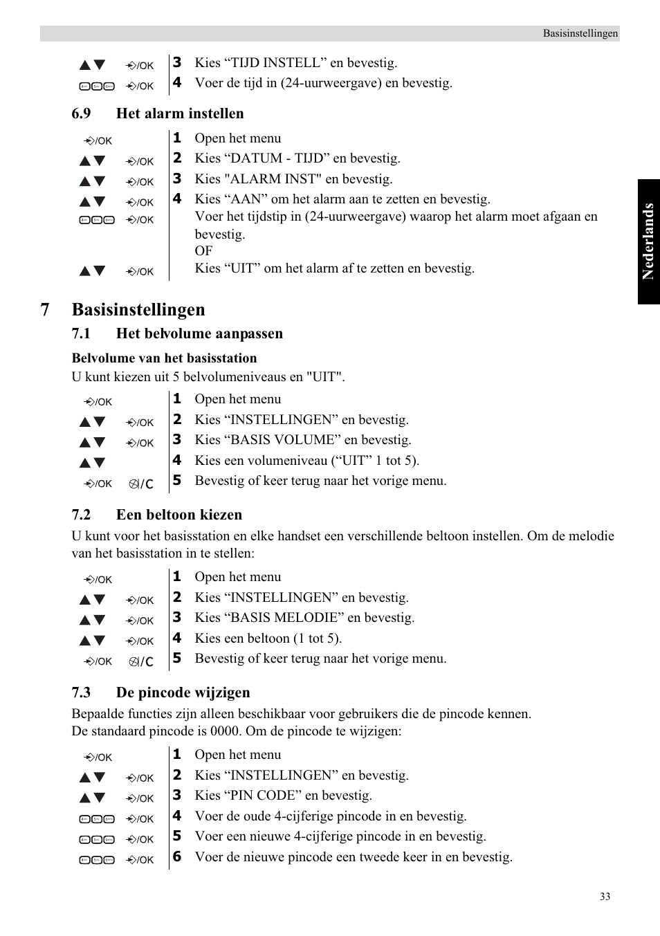 7basisinstellingen, Nederlands, 9 het alarm instellen | 1 het belvolume aanpassen, 2 een beltoon kiezen, 3 de pincode wijzigen, 33 basisinstellingen | Topcom Butler E400 User Manual | Page 55 / 272