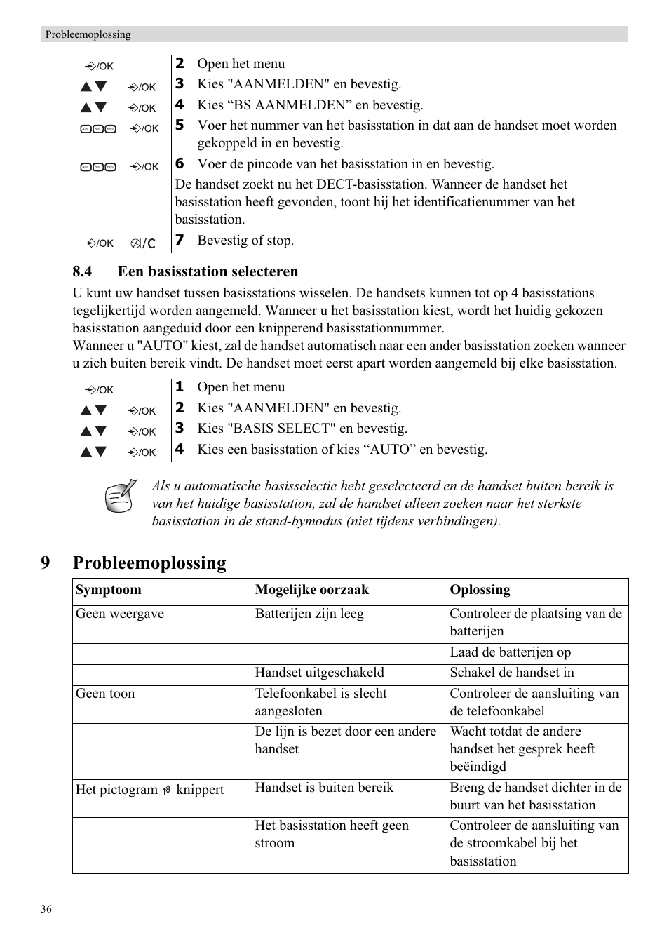 9probleemoplossing, 4 een basisstation selecteren | Topcom Butler E400 User Manual | Page 58 / 272