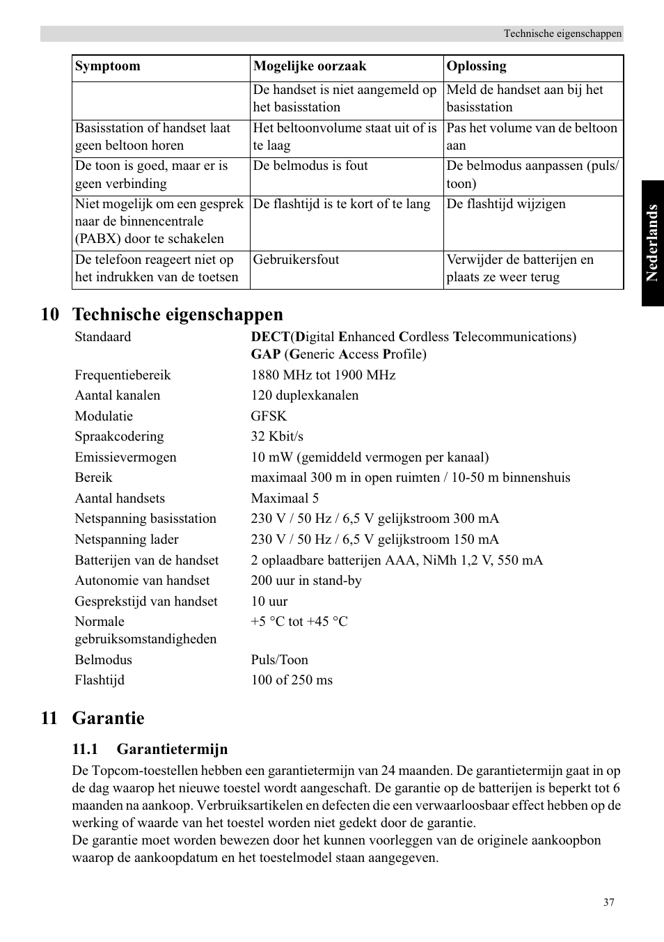 10 technische eigenschappen 11 garantie | Topcom Butler E400 User Manual | Page 59 / 272