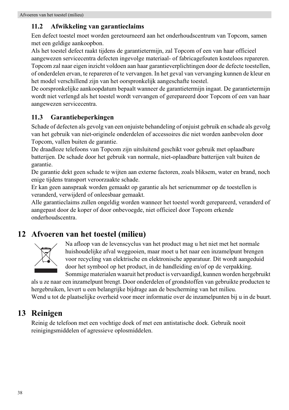 12 afvoeren van het toestel (milieu), 13 reinigen | Topcom Butler E400 User Manual | Page 60 / 272