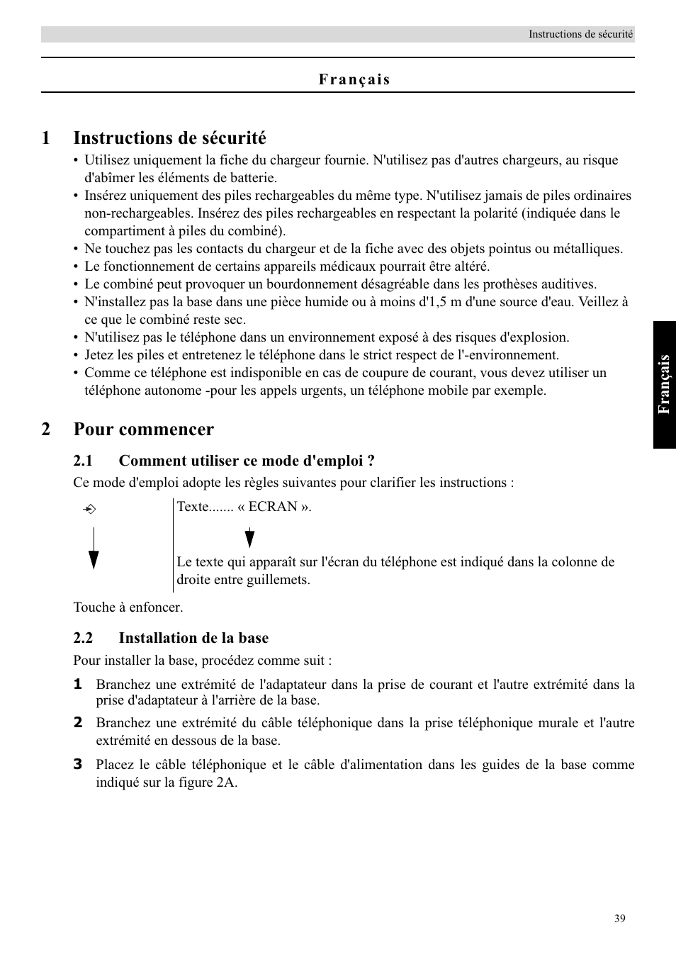 1instructions de sécurité, 2pour commencer | Topcom Butler E400 User Manual | Page 61 / 272