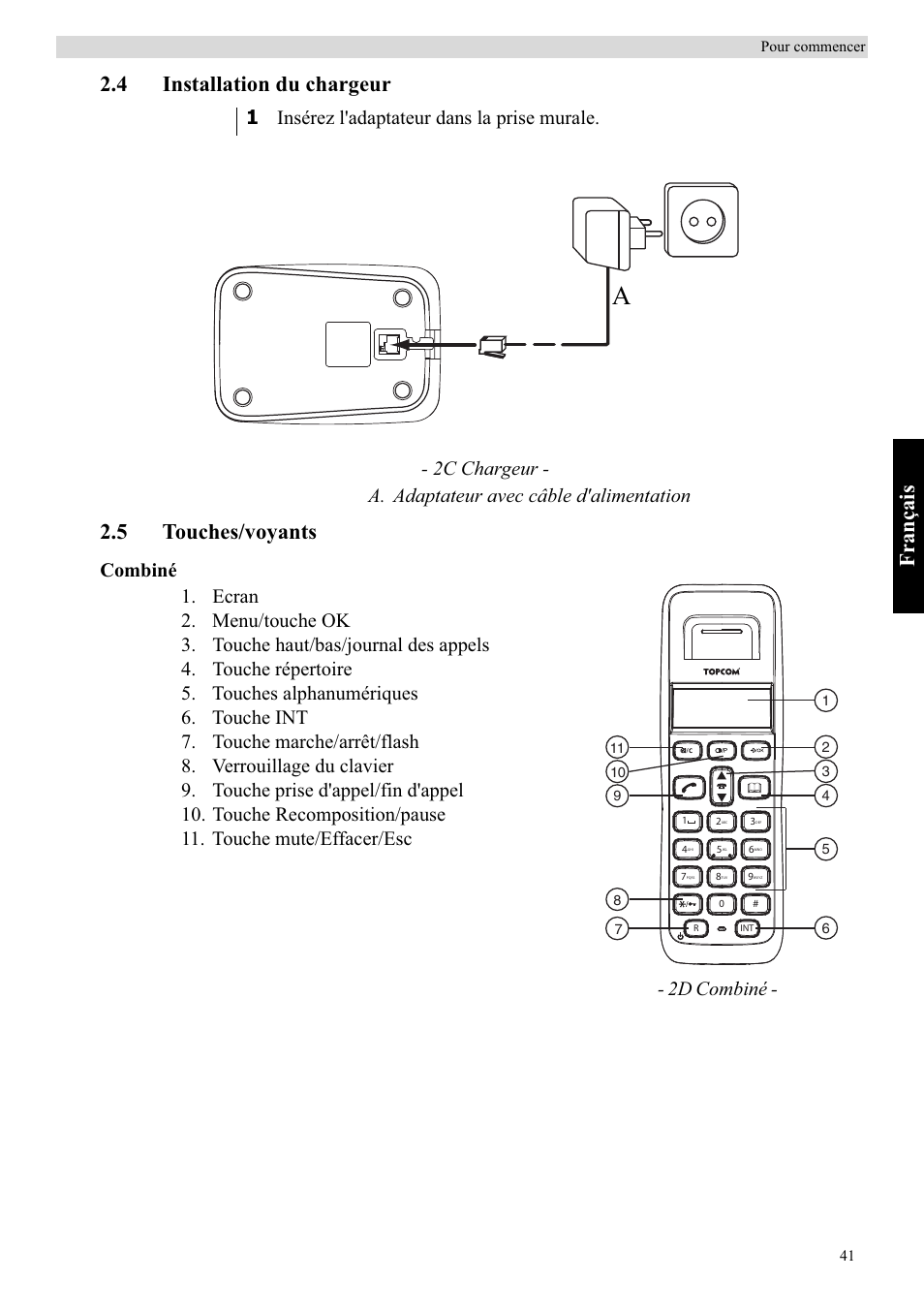 Fra nçais, 4 installation du chargeur, 5 touches/voyants | 2d combiné | Topcom Butler E400 User Manual | Page 63 / 272