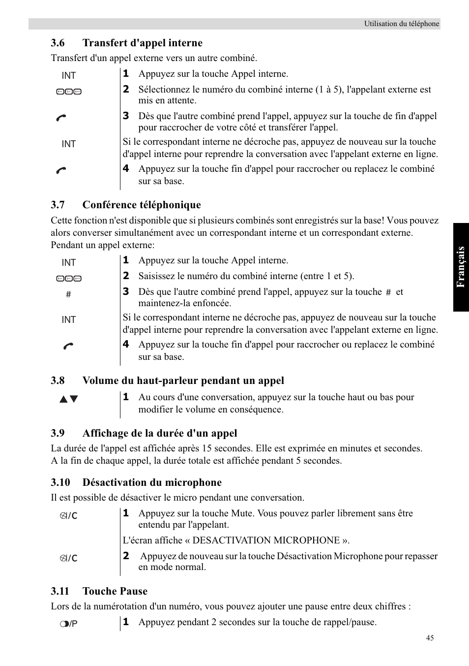Fra nçais, 6 transfert d'appel interne, 7 conférence téléphonique | 10 désactivation du microphone, 11 touche pause | Topcom Butler E400 User Manual | Page 67 / 272
