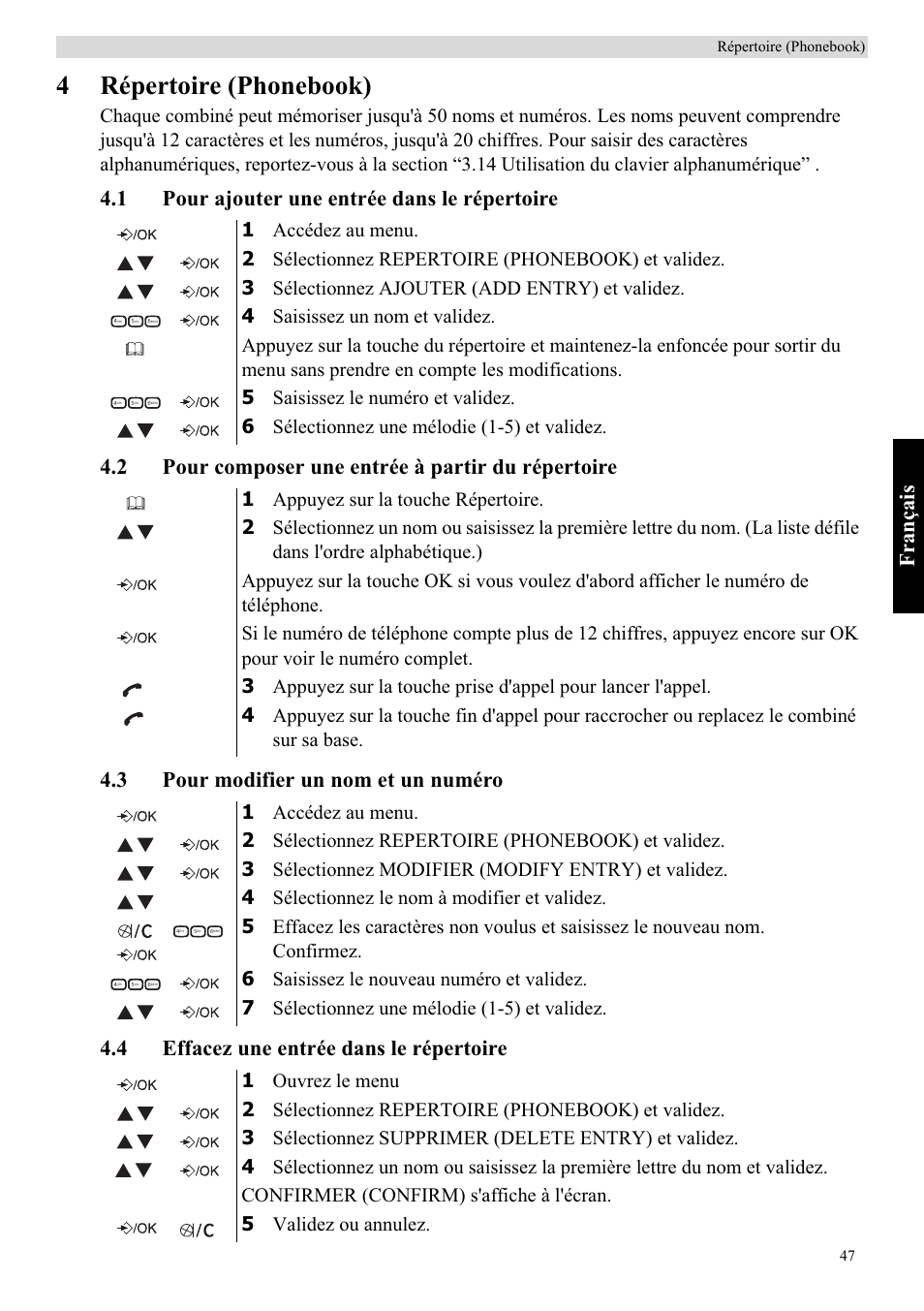 4répertoire (phonebook), Fra nçais | Topcom Butler E400 User Manual | Page 69 / 272