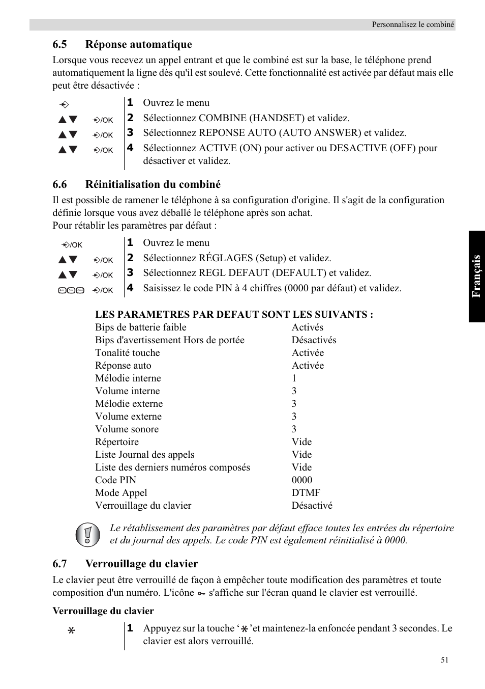 Fra nçais, 5 réponse automatique, 6 réinitialisation du combiné | 7 verrouillage du clavier | Topcom Butler E400 User Manual | Page 73 / 272
