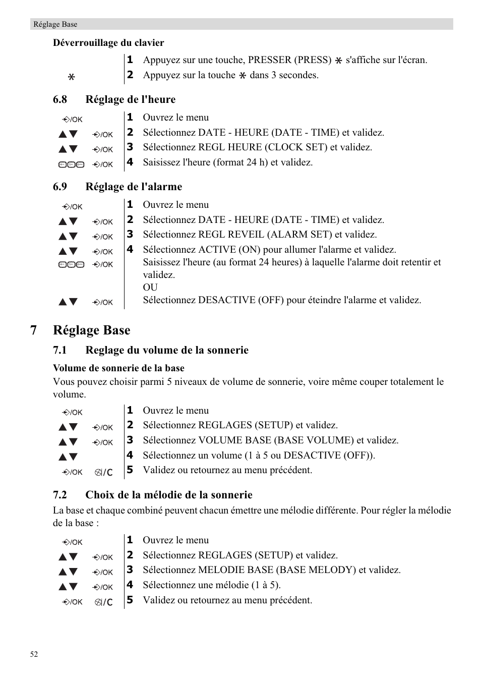 7réglage base, 8 réglage de l'heure 6.9 réglage de l'alarme, 1 reglage du volume de la sonnerie | 2 choix de la mélodie de la sonnerie, Déverrouillage du clavier | Topcom Butler E400 User Manual | Page 74 / 272