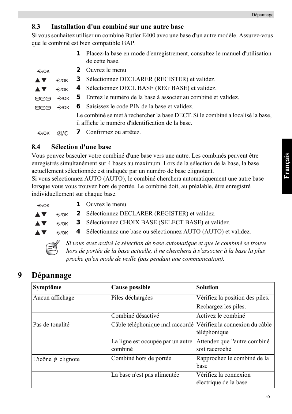 9dépannage, Fra nçais, 3 installation d'un combiné sur une autre base | 4 sélection d'une base | Topcom Butler E400 User Manual | Page 77 / 272