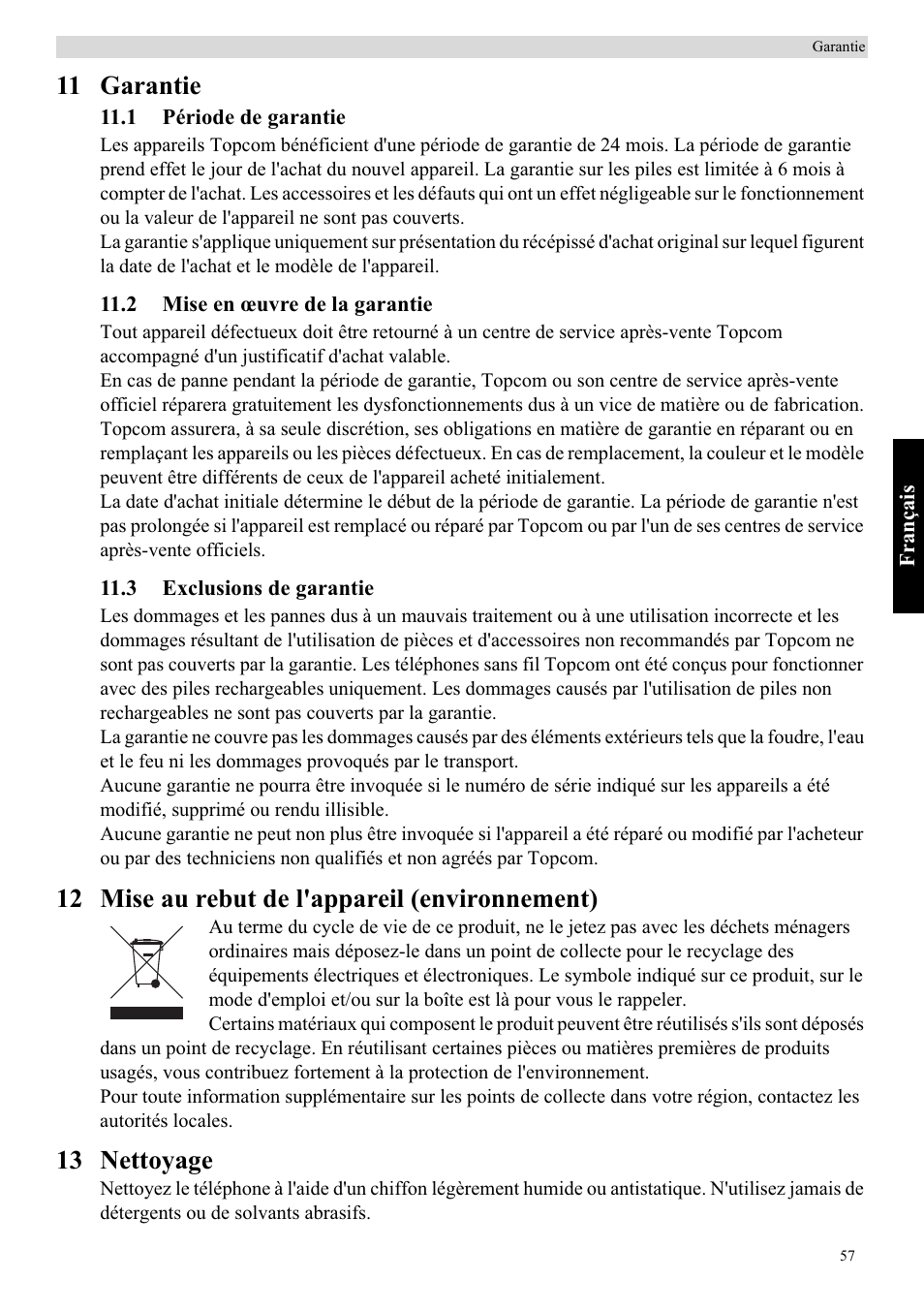 11 garantie, 12 mise au rebut de l'appareil (environnement), 13 nettoyage | Topcom Butler E400 User Manual | Page 79 / 272