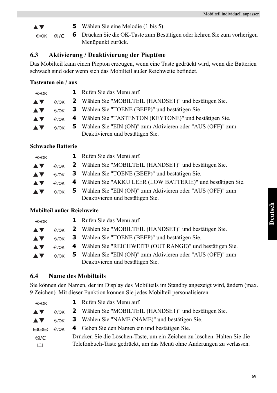 Deutsch, 3 aktivierung / deaktivierung der pieptöne, 4 name des mobilteils | Topcom Butler E400 User Manual | Page 91 / 272