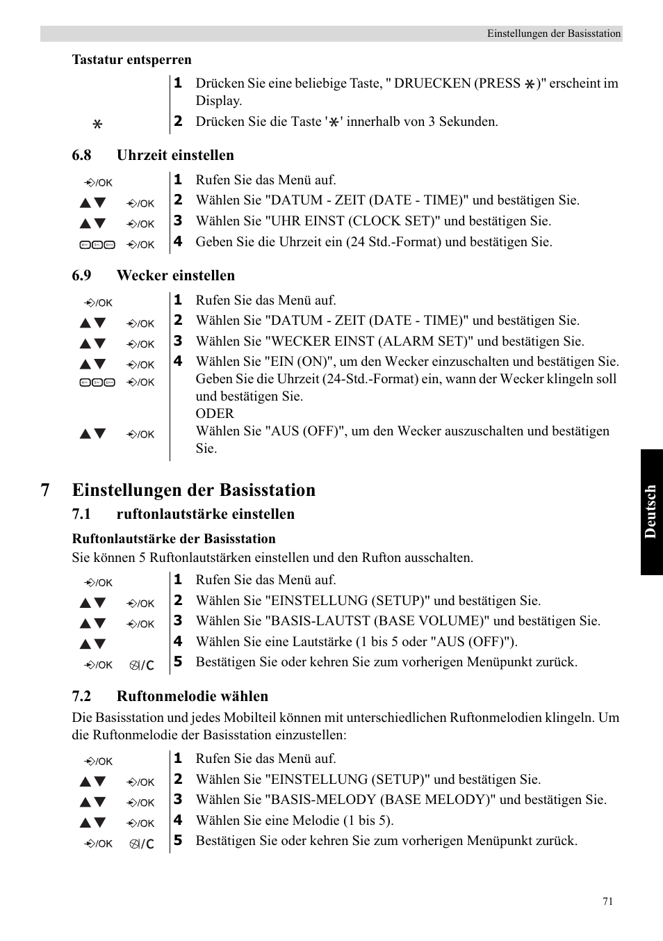 7einstellungen der basisstation, Deutsch, 8 uhrzeit einstellen 6.9 wecker einstellen | 1 ruftonlautstärke einstellen, 2 ruftonmelodie wählen, Tastatur entsperren | Topcom Butler E400 User Manual | Page 93 / 272