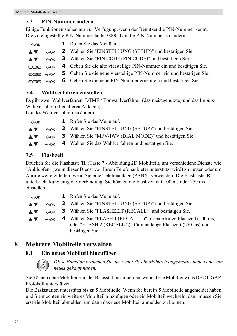 8mehrere mobilteile verwalten, 3 pin-nummer ändern, 4 wahlverfahren einstellen | 5 flashzeit, 1 ein neues mobilteil hinzufügen | Topcom Butler E400 User Manual | Page 94 / 272