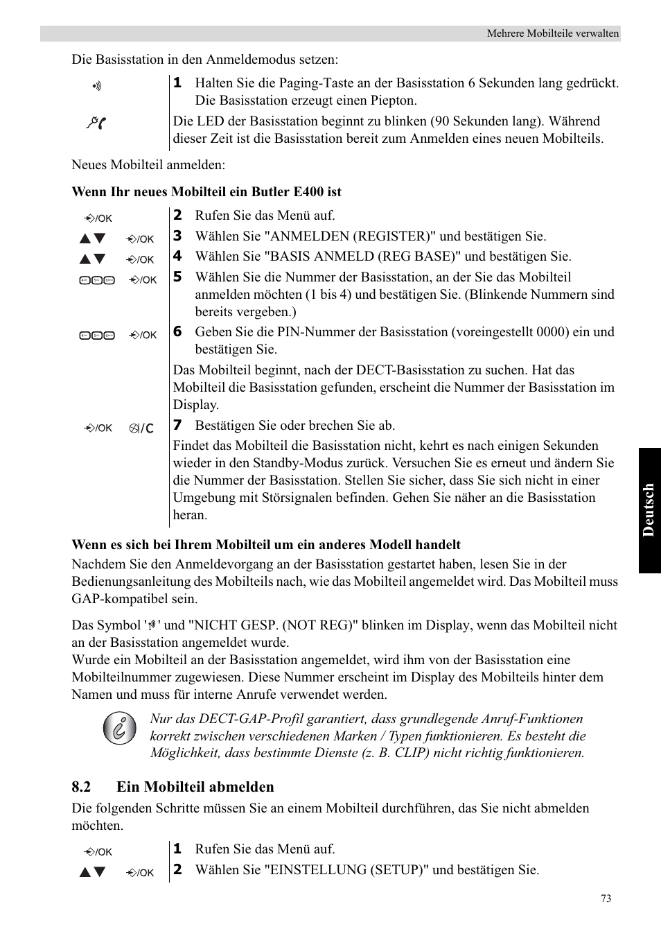 Deutsch, 2 ein mobilteil abmelden | Topcom Butler E400 User Manual | Page 95 / 272