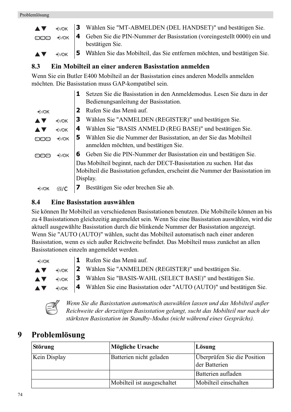 9problemlösung, 4 eine basisstation auswählen | Topcom Butler E400 User Manual | Page 96 / 272