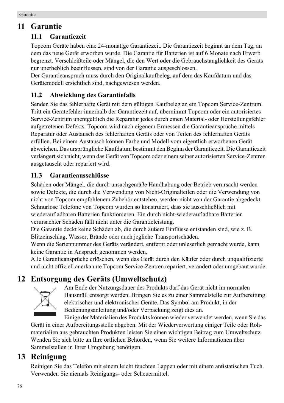 11 garantie, 12 entsorgung des geräts (umweltschutz), 13 reinigung | Topcom Butler E400 User Manual | Page 98 / 272