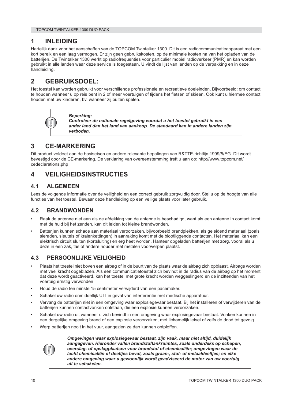 1inleiding, 2gebruiksdoel, 3ce-markering | 4veiligheidsinstructies | Topcom 1300 DUO PACK User Manual | Page 10 / 124