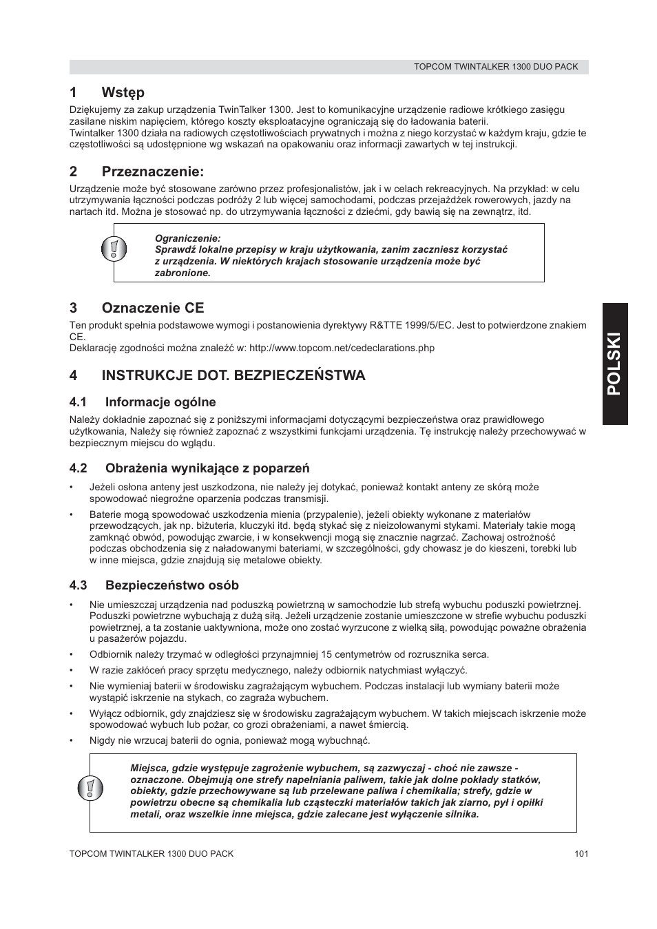 Polski, 1wstċp, 2przeznaczenie | 3oznaczenie ce, 4instrukcje dot. bezpieczeēstwa | Topcom 1300 DUO PACK User Manual | Page 101 / 124