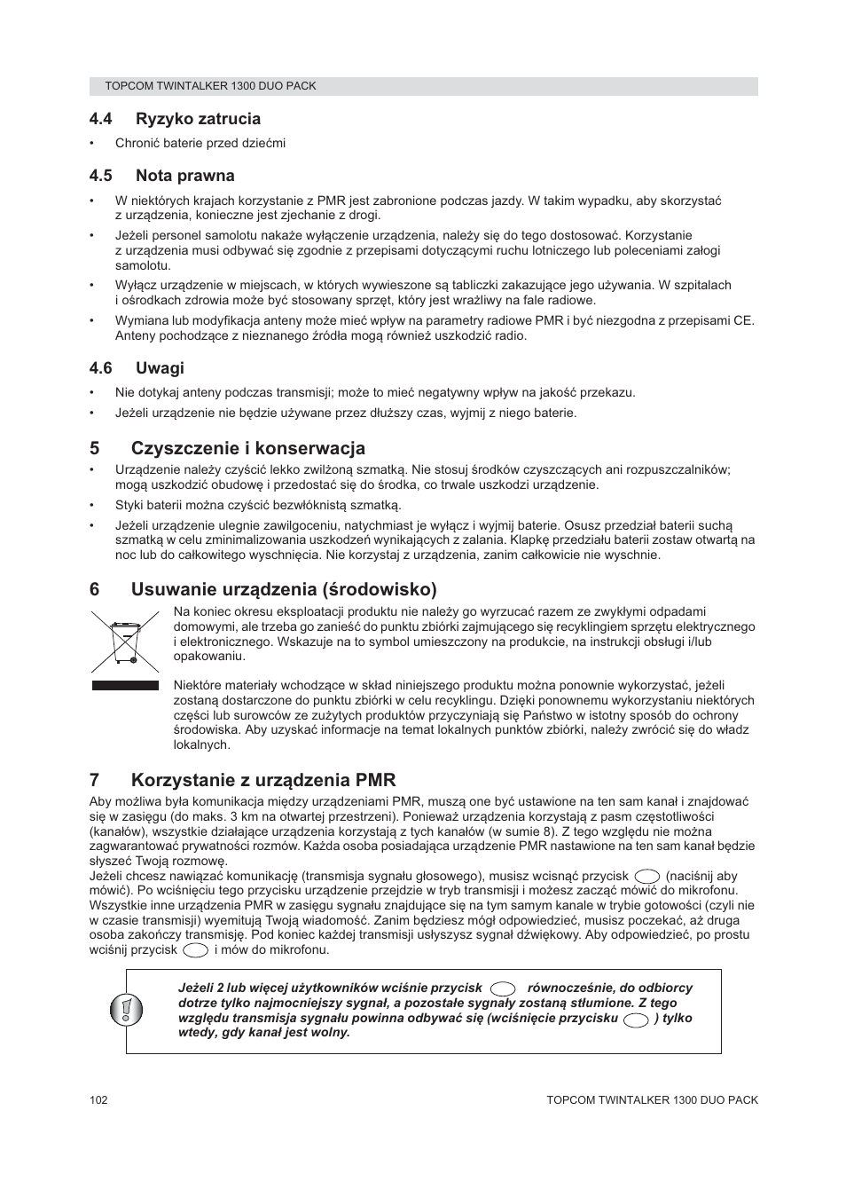 5czyszczenie i konserwacja, 6usuwanie urządzenia (ğrodowisko), 7korzystanie z urządzenia pmr | Topcom 1300 DUO PACK User Manual | Page 102 / 124