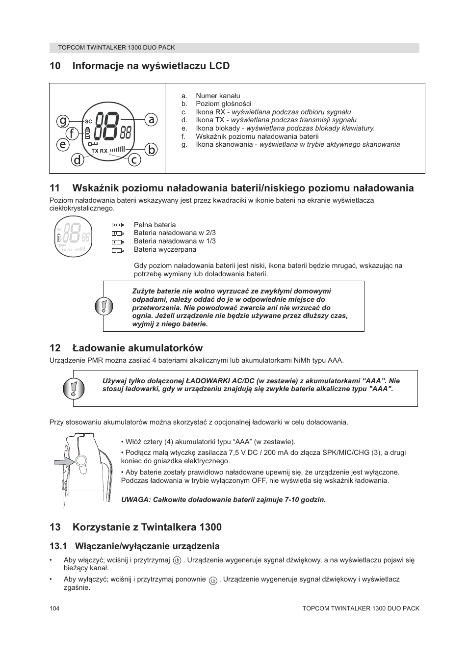 12 àadowanie akumulatorków | Topcom 1300 DUO PACK User Manual | Page 104 / 124