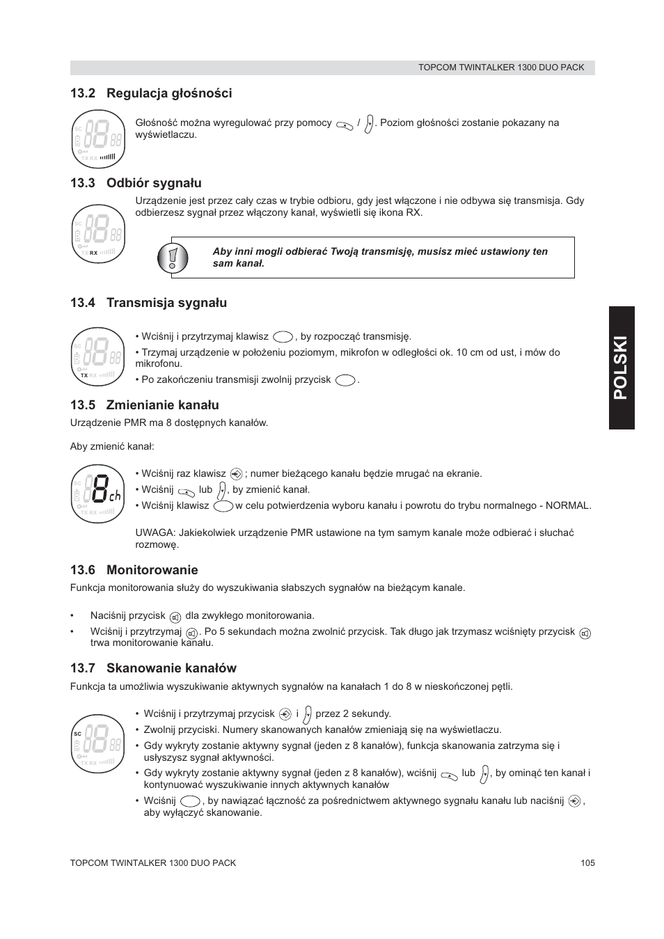 Polski, 2 regulacja gáoğnoğci, 3 odbiór sygnaáu | 4 transmisja sygnaáu, 5 zmienianie kanaáu, 6 monitorowanie, 7 skanowanie kanaáów | Topcom 1300 DUO PACK User Manual | Page 105 / 124