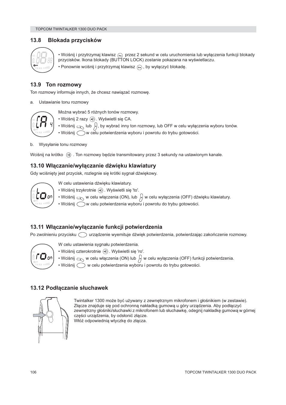 8 blokada przycisków, 9 ton rozmowy, 10 wáączanie/wyáączanie dĩwiċku klawiatury | 11 wáączanie/wyáączanie funkcji potwierdzenia, 12 podáączanie sáuchawek | Topcom 1300 DUO PACK User Manual | Page 106 / 124