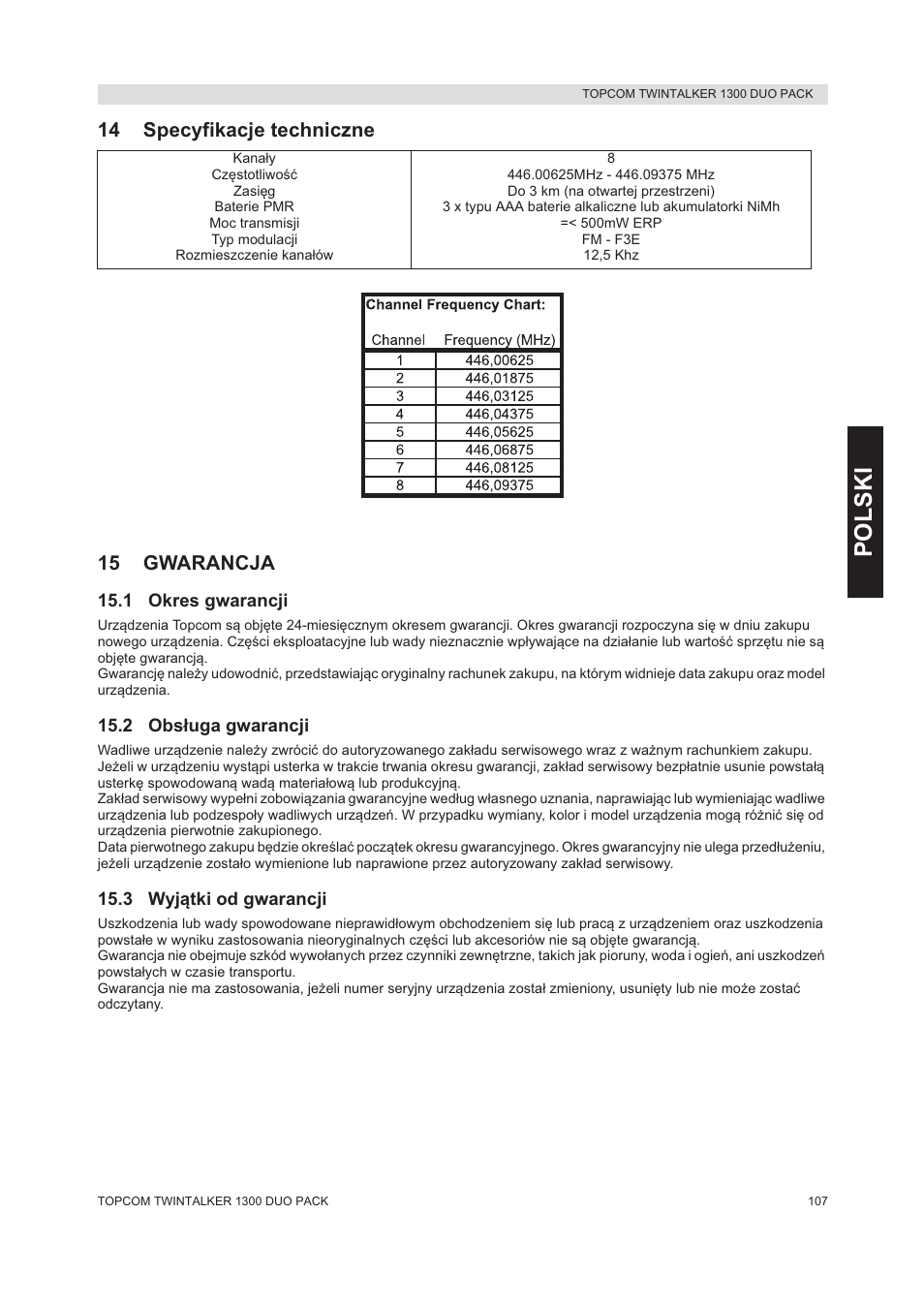 Polski, 14 specyfikacje techniczne 15 gwarancja | Topcom 1300 DUO PACK User Manual | Page 107 / 124