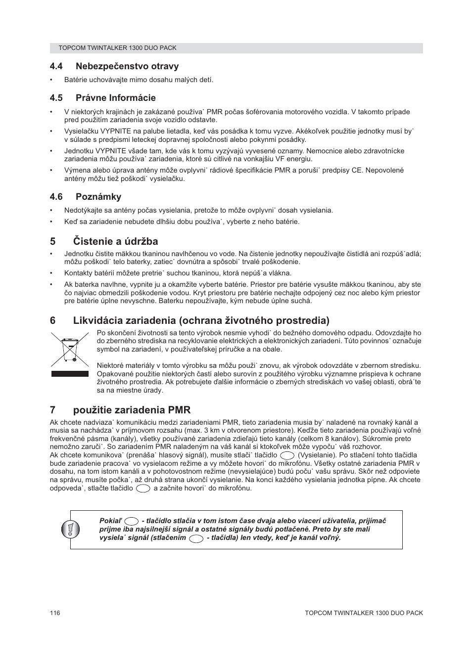 5ýistenie a údržba, 7použitie zariadenia pmr | Topcom 1300 DUO PACK User Manual | Page 116 / 124