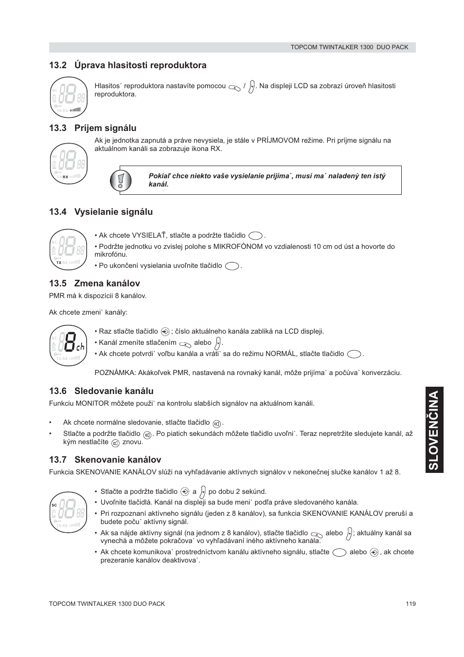 Slovenýina, 2 úprava hlasitosti reproduktora, 3 príjem signálu | 4 vysielanie signálu, 5 zmena kanálov, 6 sledovanie kanálu, 7 skenovanie kanálov | Topcom 1300 DUO PACK User Manual | Page 119 / 124