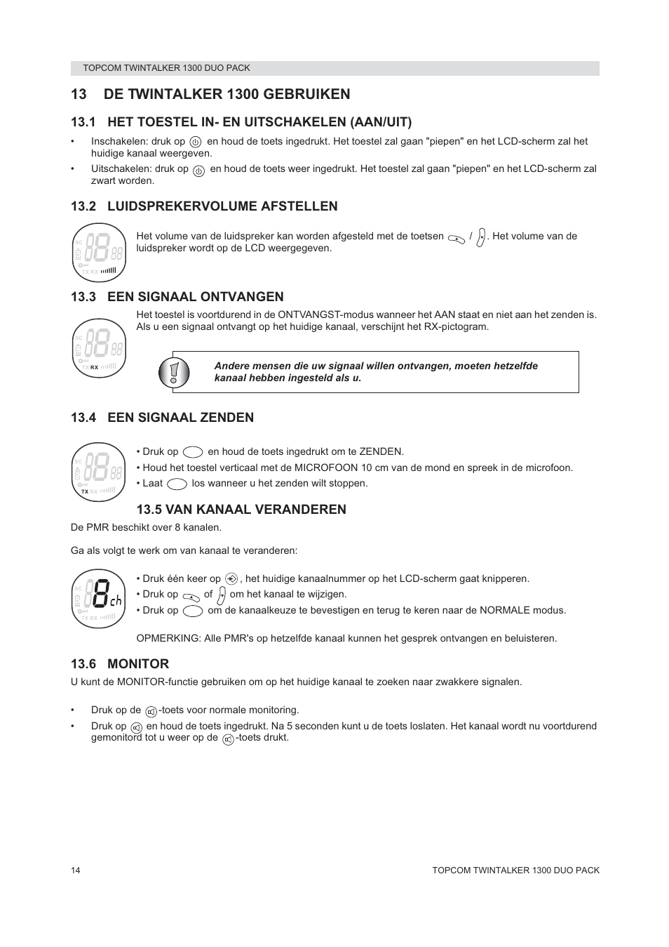 1 het toestel in- en uitschakelen (aan/uit), 2 luidsprekervolume afstellen, 3 een signaal ontvangen | 4 een signaal zenden, 5 van kanaal veranderen, 6 monitor | Topcom 1300 DUO PACK User Manual | Page 14 / 124