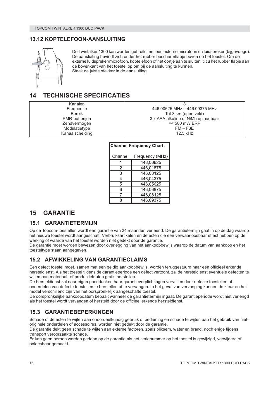 14 technische specificaties 15 garantie | Topcom 1300 DUO PACK User Manual | Page 16 / 124